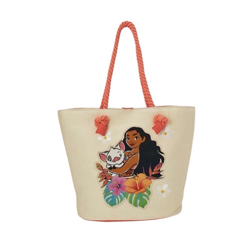 Disney Moana Beige Tropical Graphic Tote Bag with Coral Rope Handles